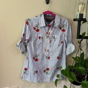 Tommy Hilfiger women's shirt striped floral half zip front collared size S/M